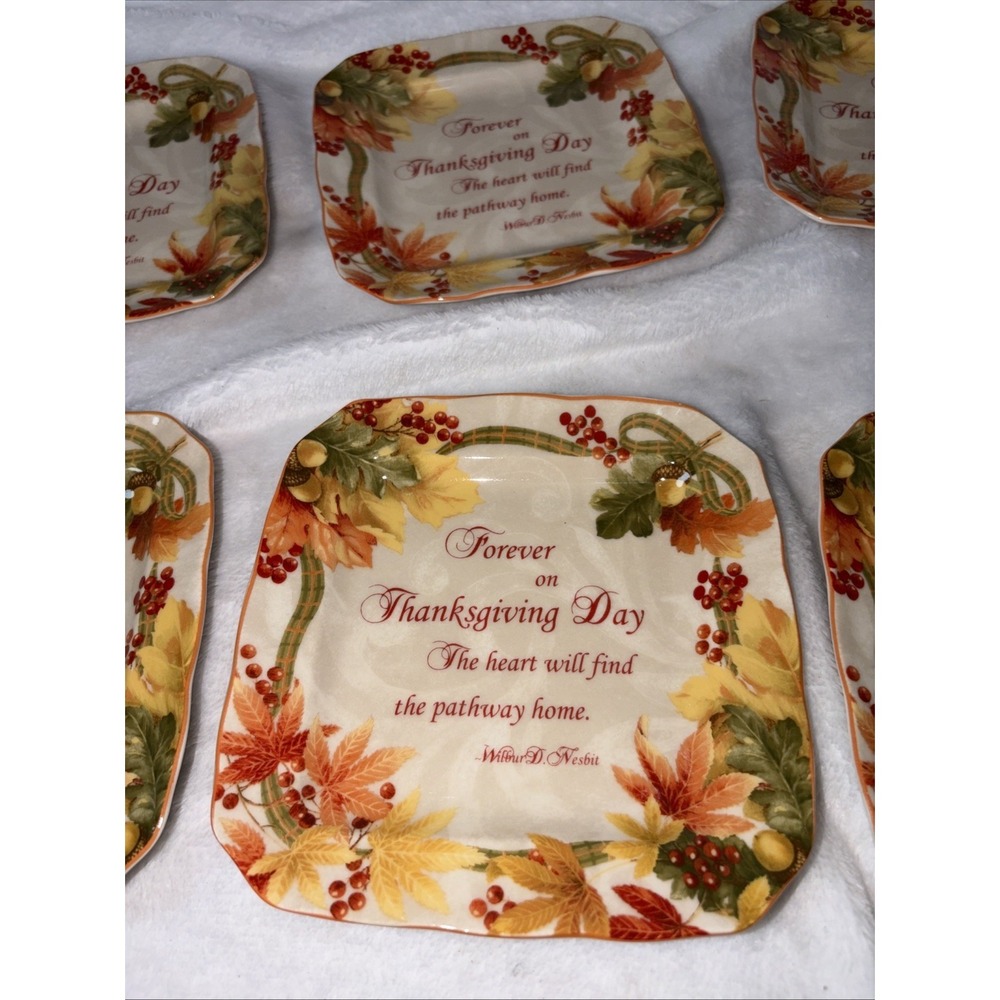 222 Fifth AUTUMN CELEBRATION Forever Square Appetizer Plate Set 8 Thanksgiving - Picture 2 of 9